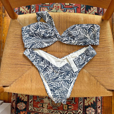 Blue and white tropical swimsuit
